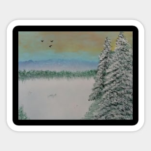 A winter landscape scene with pines Sticker